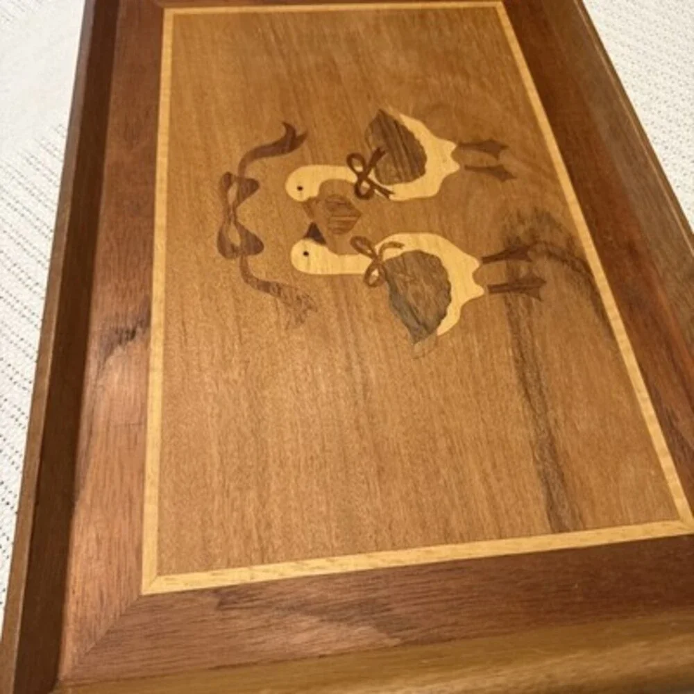 Vintage Mahogany/Teak Wood Serving Tray 19 X 12 Geese Heart Inlayed